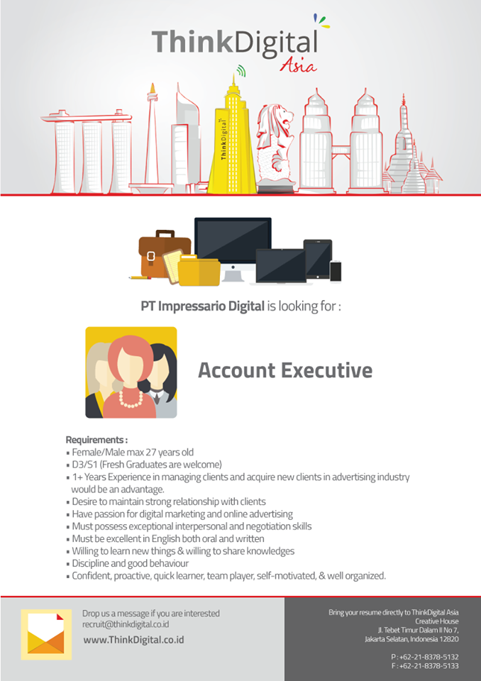 Think_Digital's tweet image. ThinkDigital buka AccountExecutive Internship3bln,berminat?Email ke  recruit[at]thinkdigital[.]co[.]id @KampusUpdate