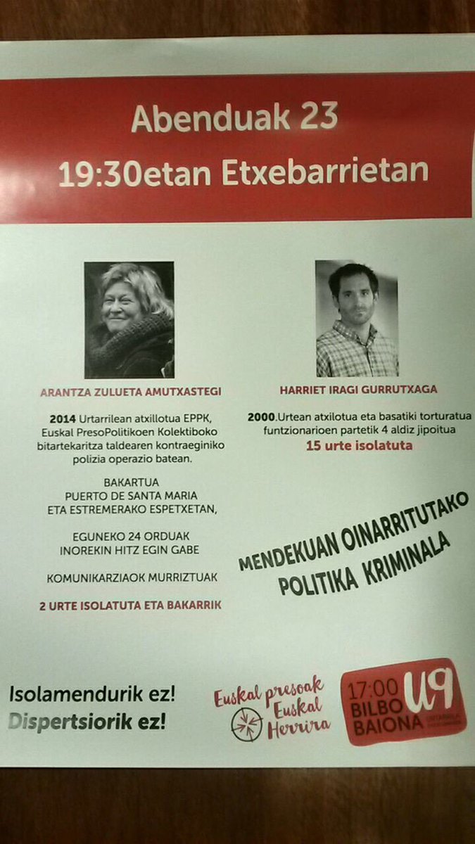 goikodeustu's tweet photo. .@sare_herritarra se moviliza hoy en Bilbo ante la situación que sufren los presos Arantza Zulueta y Harriet Iragi https://t.co/GKCAmqPThK