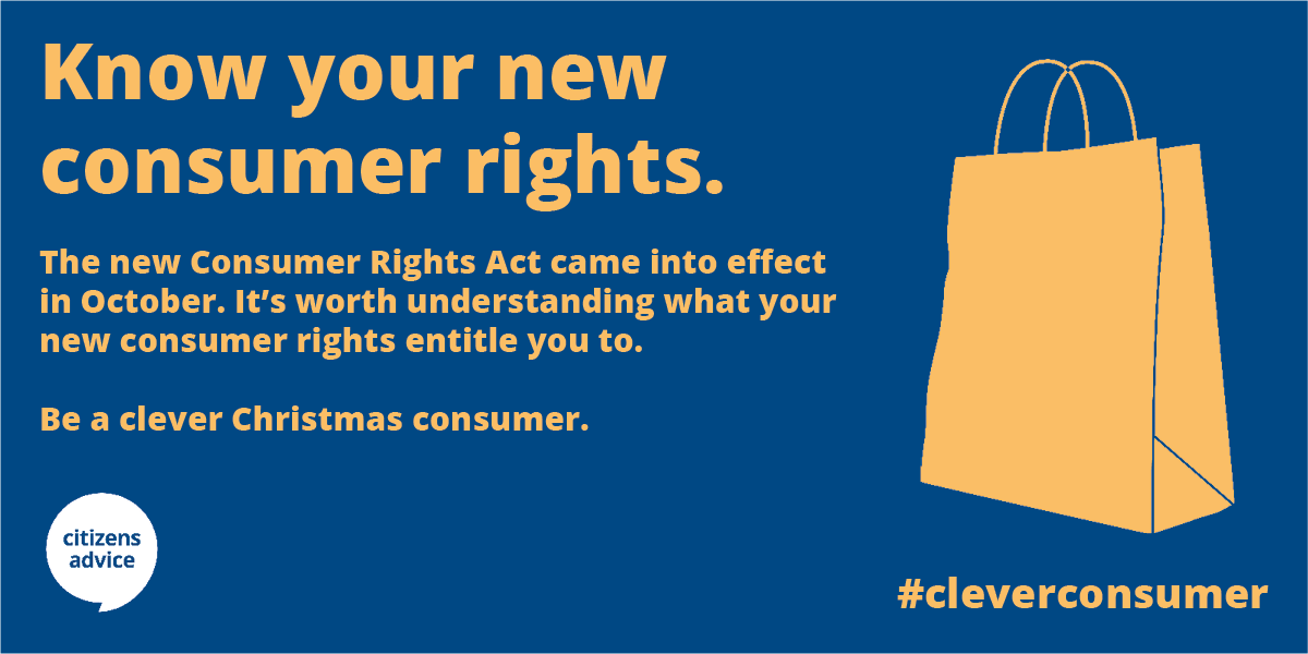 CitizensAdvice's tweet photo. Getting last minute Xmas shopping in? Be aware of your new #consumerrights #cleverconsumer https://t.co/nheucARdX1 https://t.co/P92XyVn56y
