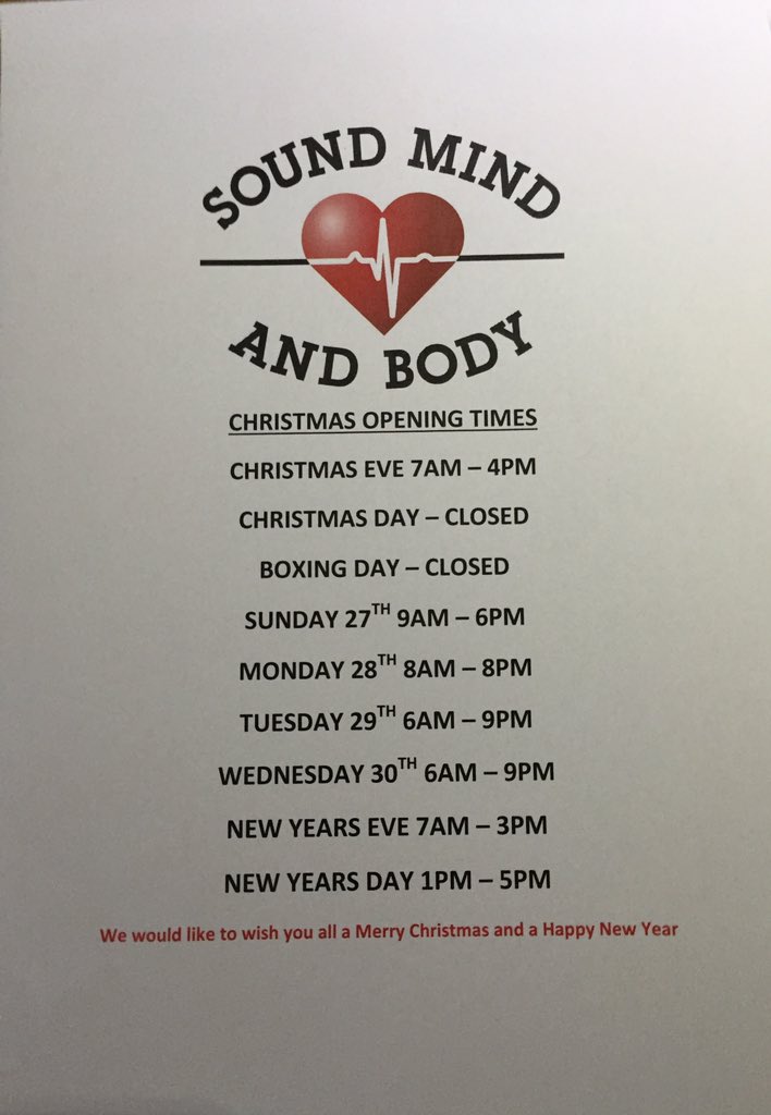 SoundMindBody1's tweet photo. Don't forget the Christmas hours! We Open at 7am and close at 4pm tomorrow! Check below for more information! #smb https://t.co/Yp4fW51rdw