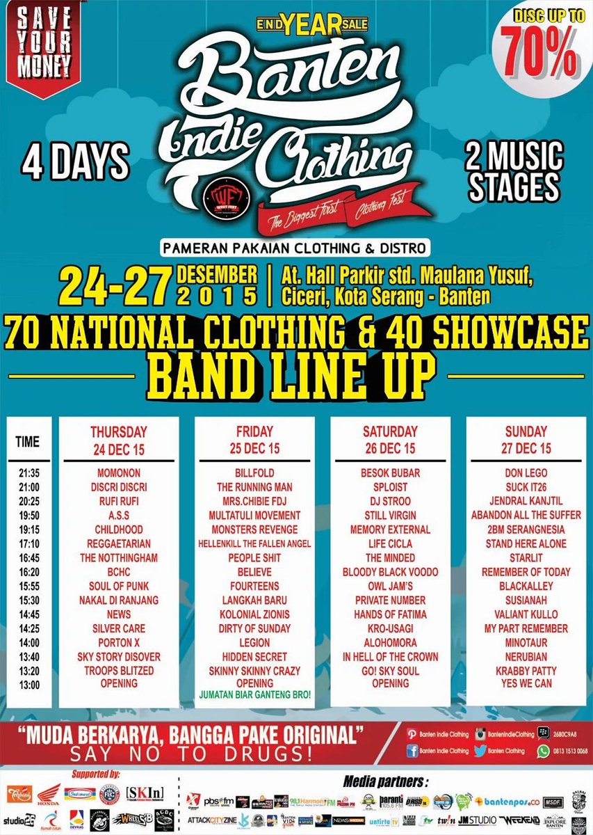 InfoEventTng's tweet photo. #Lineup  Band BANTEN INDIE CLOTHING End Year Sale 24 - 27 Des 2015 at Parkir Std Maulana Ciceri Serang Banten. https://t.co/SFYtax4Lol