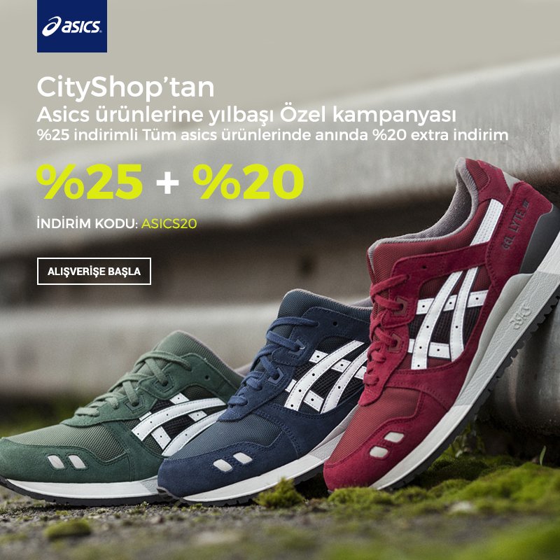 Asics'e özel yılbaşı fırsatı! %25 indirimli tüm Asics ürünlerinde anında %20 extra indirim! cityshop.com.tr/arama.php?sear…