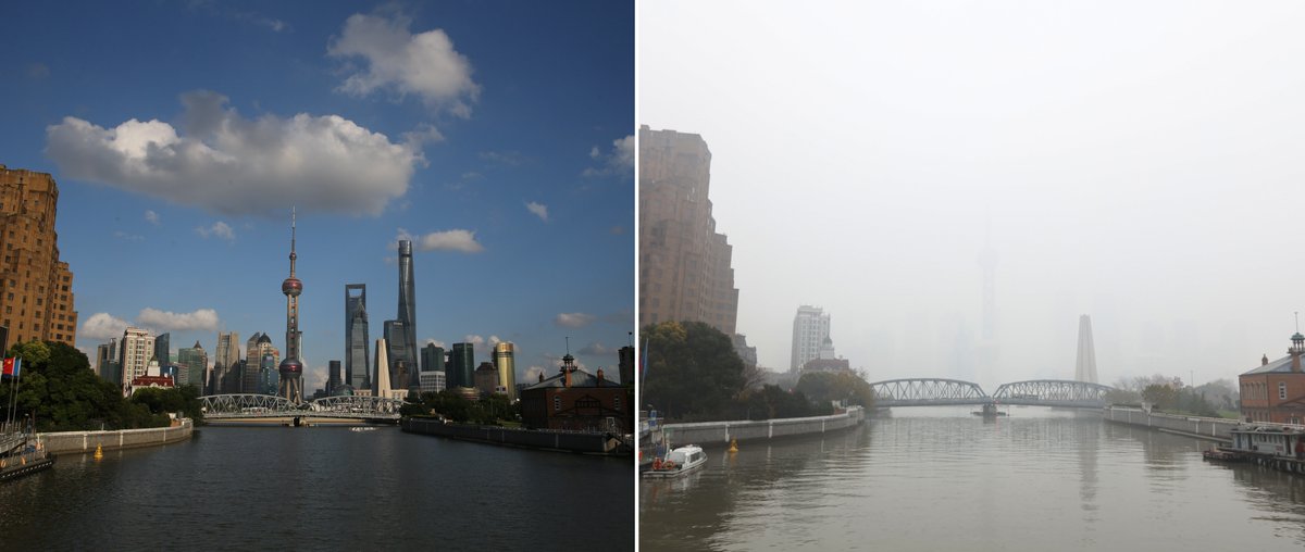 New China 中文on Twitter 上海 霧霾罩申城 左圖是9月8日在上海外灘拍攝的浦江兩岸 右圖是12月23日拍攝的霧 霾下的浦江兩岸 拼版照片 今天上午 上海市發佈空氣重污染藍色預警 相關部門實施臨時管控措施 T Co Vdl1el7gsf