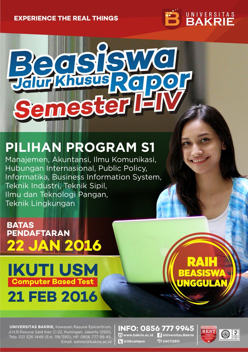 Kesempatan beasiswa dari <a href="/UBcampus/">Universitas Bakrie</a> ! Info Jarsus Rapor di j.mp/JarsusRapor &amp; CBT di j.mp/SPMB-UB