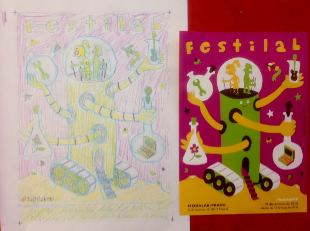 Tyrexito's tweet image. Boceto original y resultado final del cartelito del #festilab del sábado pasado: