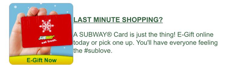 subwaytup_ox's tweet photo. For that hard to buy person on list and you have put them off to the last.Get them the perfect gift.Subway Gift card https://t.co/Jr1ygyAEK5