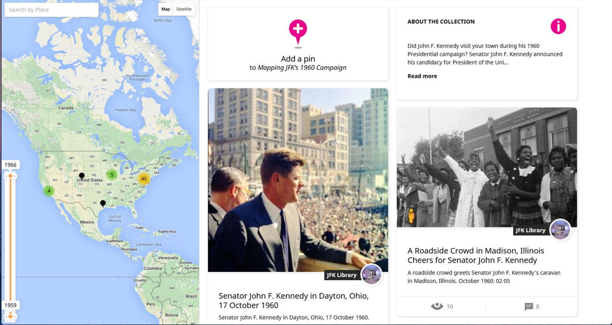Historypin's tweet photo. The @JFKLibrary on "Mapping John F. Kennedy’s 1960 Presidential Campaign with Historypin" https://t.co/cE7BQBeMiv https://t.co/Fk6Uidcu5i