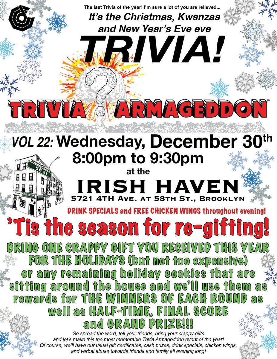 BklynComicsMore's tweet photo. #trivia Dec 30 8pm @Irish_Haven Re-gifting your lousy gifts as our prize giveaways @triviaarmgeddon See flyer info: https://t.co/L8GIMoCVzH
