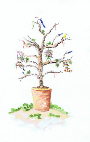 Make a holiday tree for the birds. Deck it with suet, seeds, and apples. Happy day!