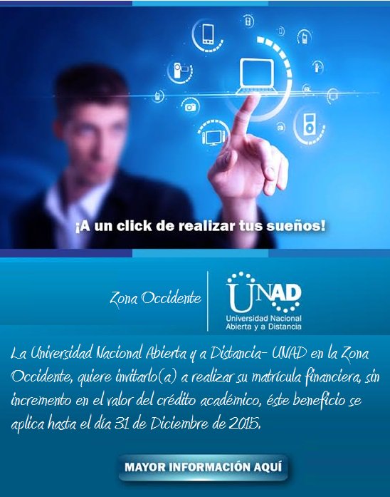 UnadOccidente's tweet photo. Matrícula financiera sin incremento hasta el día 31 de Diciembre de 2015 en  https://t.co/kFVjjLLs5j https://t.co/MsHujZsADP