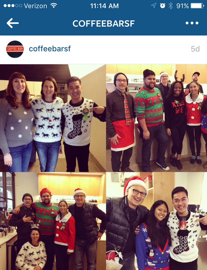CoffeeBarFiDi's tweet photo. Happy holidays from Coffee Bar! #uglychristmassweater https://t.co/7ymn6qaOrK