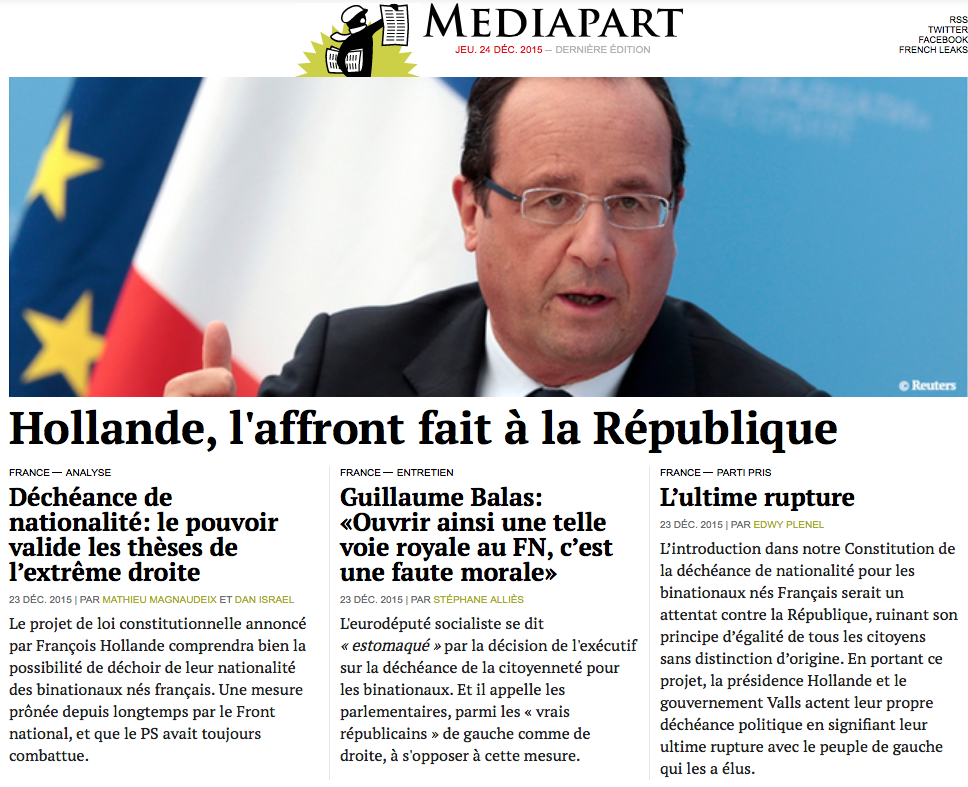 edwyplenel's tweet photo. Déchéance nationale : l'affront fait à la République. Comme Sarkozy hier, Hollande épouse l'agenda du FN. @mediapart https://t.co/ycPligs2eC