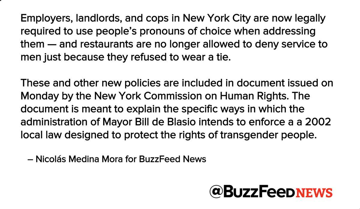 BuzzFeedNews's tweet photo. New York City Now Requires Employers To Use Trans People’s Pronouns Of Choice https://t.co/JNNbJVLdRx https://t.co/F1FDVohXJn