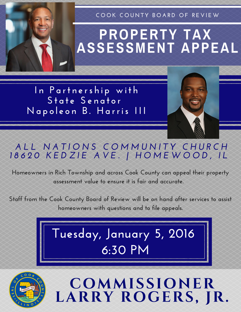 RogersCCBOR's tweet photo. Join State Senator @Napoleon_Harris and I for a #RichTownship Prop Tax Assessment Appeal Forum on Jan 5th. https://t.co/bBq6XeKKKz