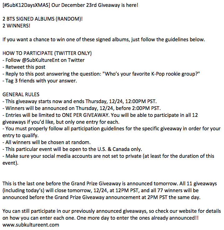 SubKultureEnt's tweet photo. [#SubK12DaysXMAS] Our 12/23 giveaway is 2 BTS SIGNED ALBUMS (RANDOM)! Check the graphics below for details!! https://t.co/d7LferusLI