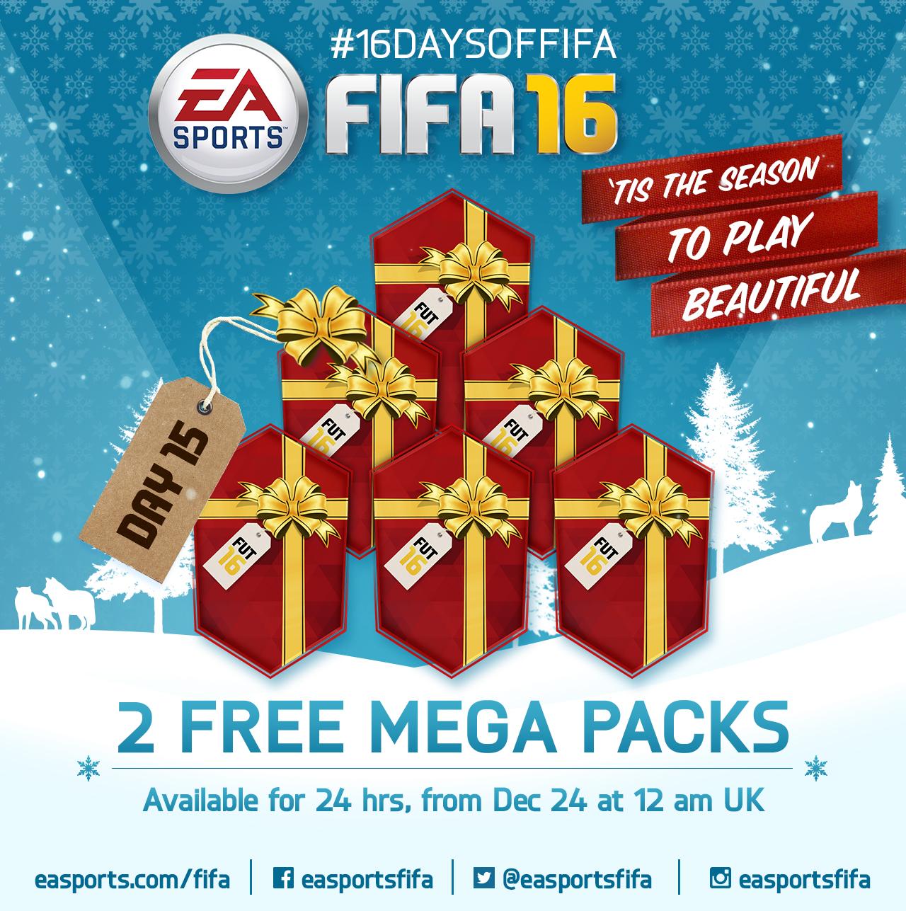 EA SPORTS FC on X: Day 15: 2 FREE Mega Packs (untradeable). Log in on  PS/Xbox/PC or the Companion and Web app to claim! #16DaysofFIFA   / X