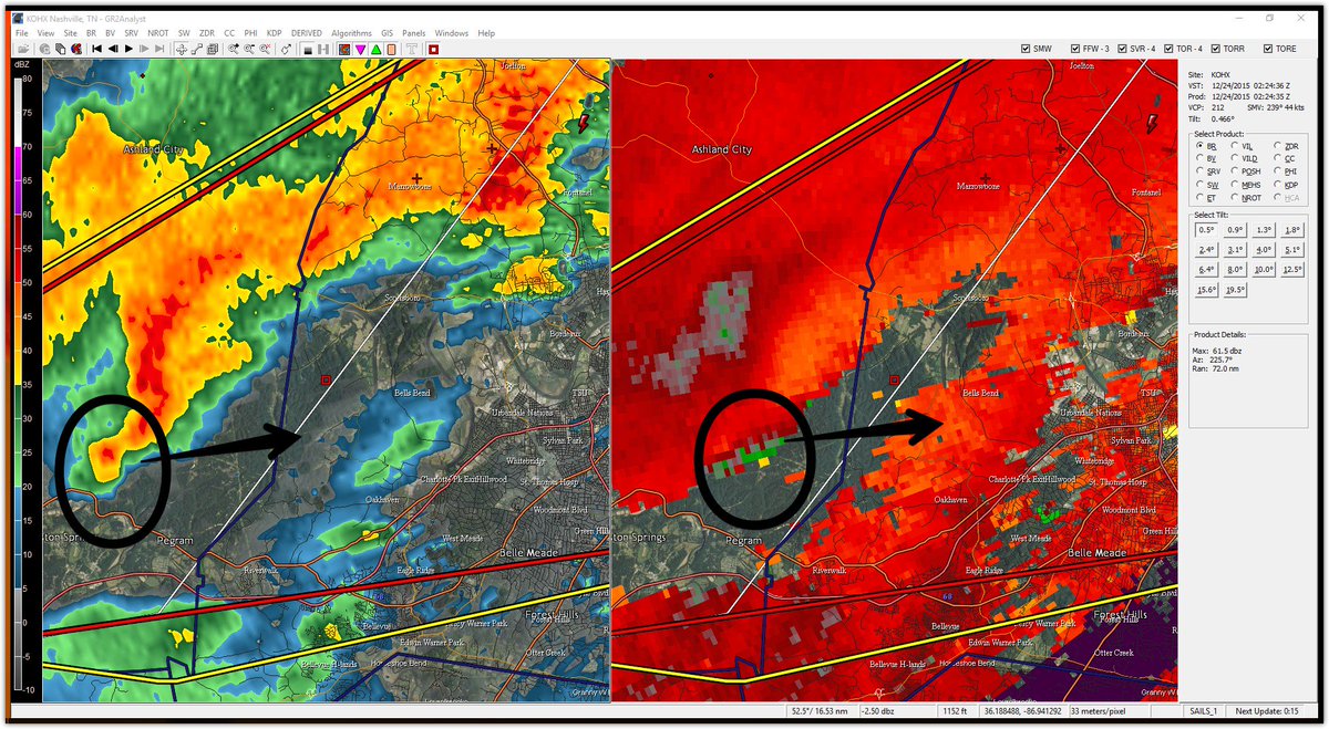 NashSevereWx's tweet photo. Latest Davidson County scan shows a weaker tornado signature, but it's still there. Take Cover Bells Bend, TSU https://t.co/Fr4q7fa9o5