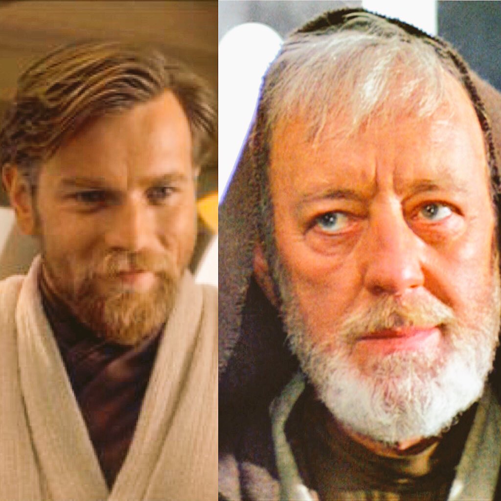 Climate on #tatooine must be HORRIBLE on your skin. How else does #ewanmcgreggor become #alecguiness in 19 years??