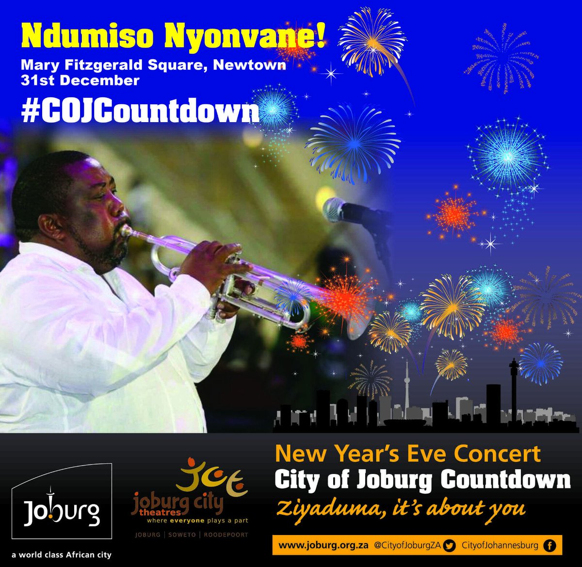 CityofJoburgZA's tweet photo. Dec 31st at Mary Fitzgerald Square Newtown from 2pm,  be there. Experience,  Explore and Enjoy Joburg, #CojCountdown https://t.co/cOwuVfEILB