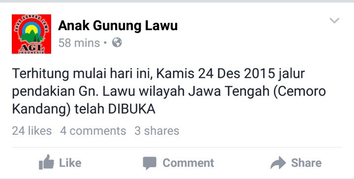 [Info] Jalur Pendakian Gn. Lawu via Cemoro Kandang telah dibuka.