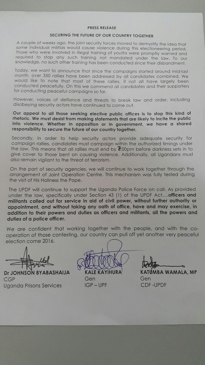 EmmaTinka's tweet photo. Joint Security Statement #UgandaDecides #SecuringUganda https://t.co/tpP6mRj92S