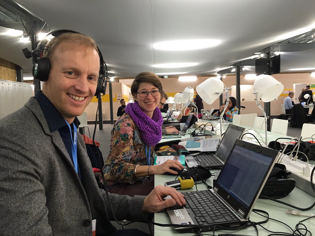 NEONGREENNET's tweet photo. @barbarakoeppel & @chrisccummins of @radiofm4 hard at work at #COP21 - ready for the agreement! #insideCOP21 https://t.co/w8ykJboYtj