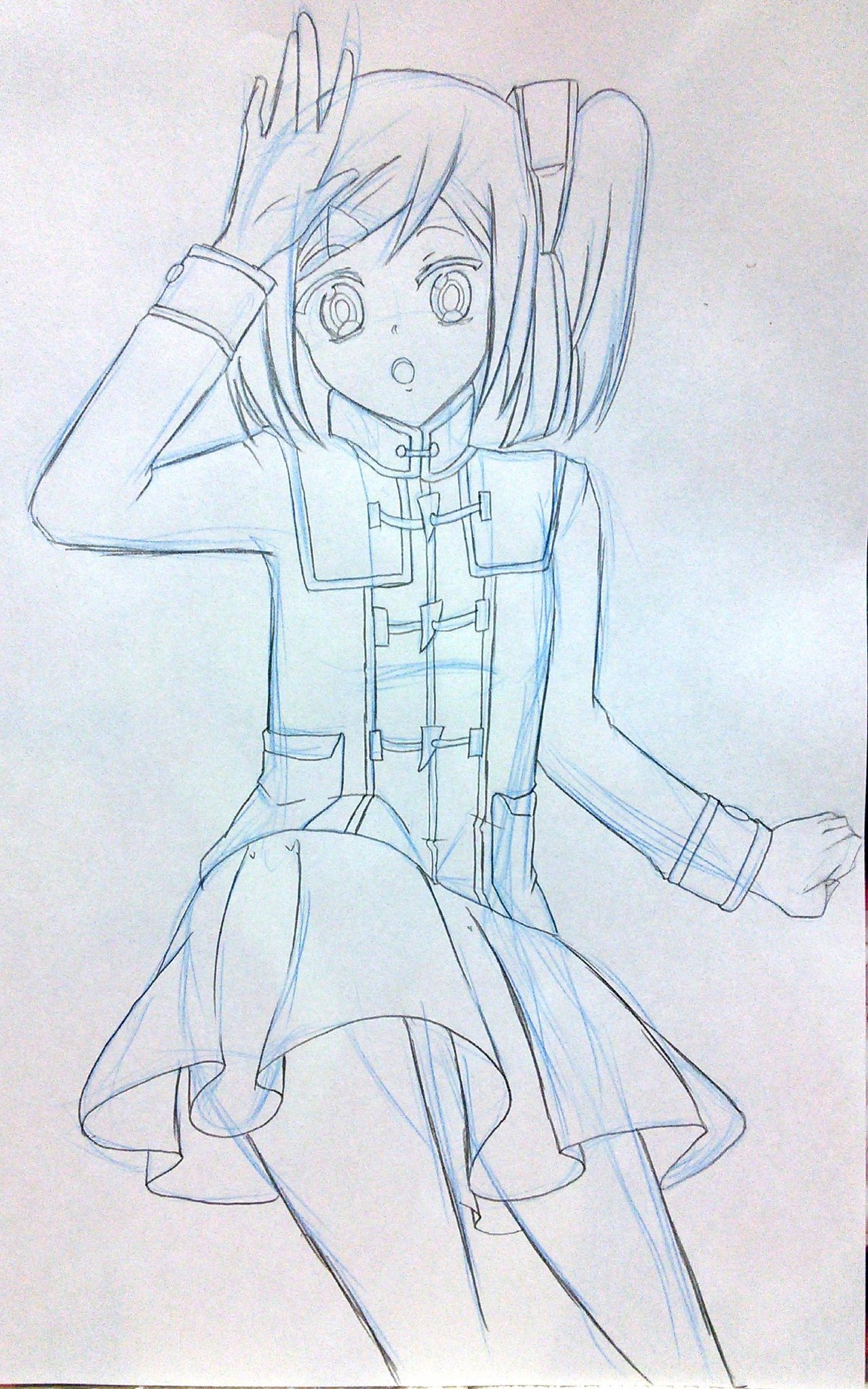 ミケイラ 今度こそ ダッフルコート 冬っぽい服のイラスト 第3弾 若林初菜 少しダッフルコートのデザインを制服風味にしたつもりです 色つけたら制服の肩からかけているあれの色という設定 ボタンは頭のピンと同じく黄色 どうでしょう