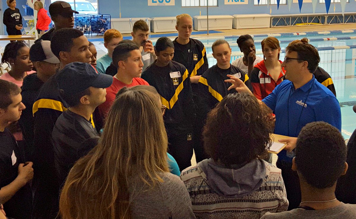 SwimRVA's tweet photo. #Geetingready Adam giving a talk to @ArmyFortLee  who came to help be timers for the @ymca #swimming Champs in #RVA https://t.co/xxKCfBMlPS