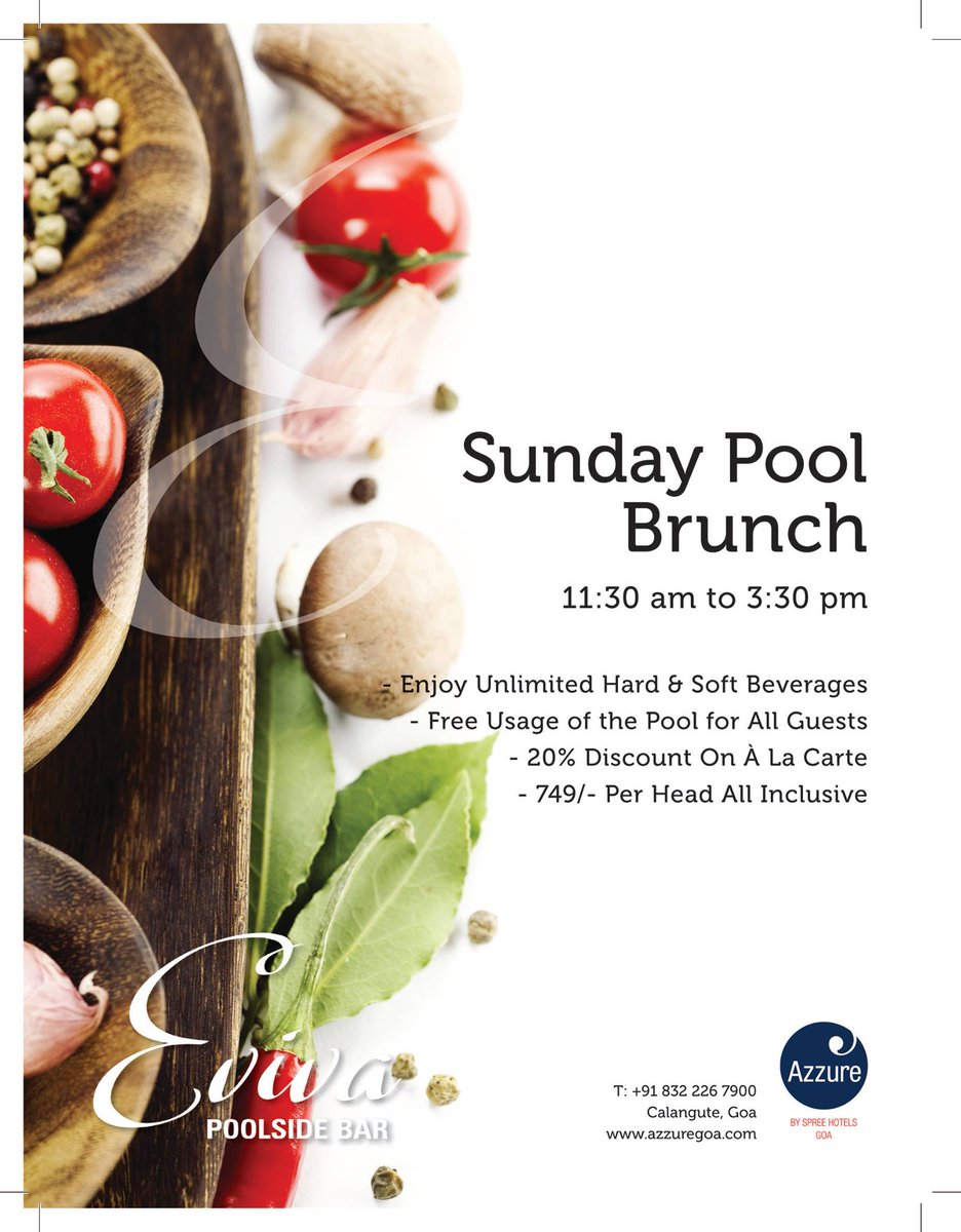 Azzure_Goa's tweet image. Sunday Brunch at Eviva Poolside Bar!
Rs. 749 with Unlimited Beverages!

#LunchGoa #GoaDining #GoaBrunch #PoolBrunch