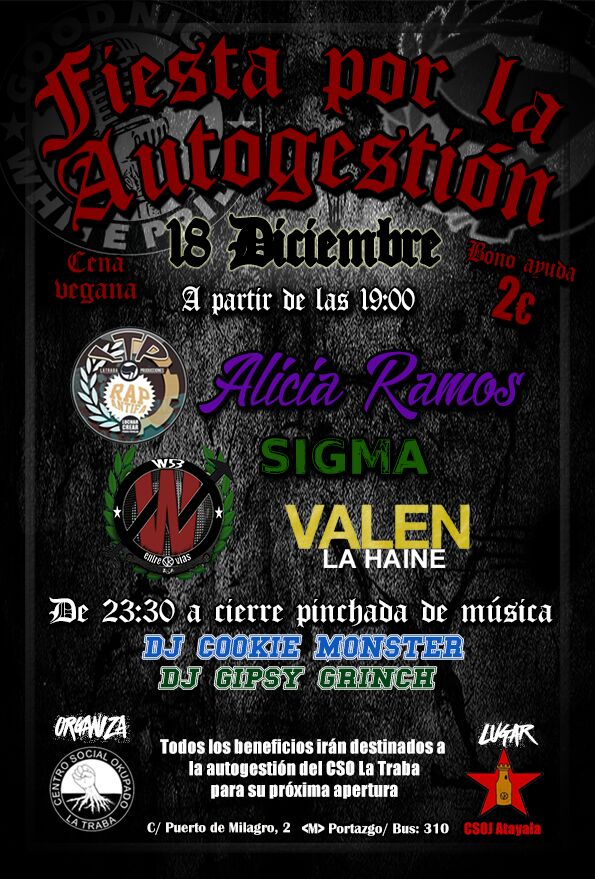 ¡TENEMOS FIESTA POR LA AUTOGESTIÓN LA SEMANA QUE VIENE! 
El 18 a partir de las 19:00 en la Atalaya.