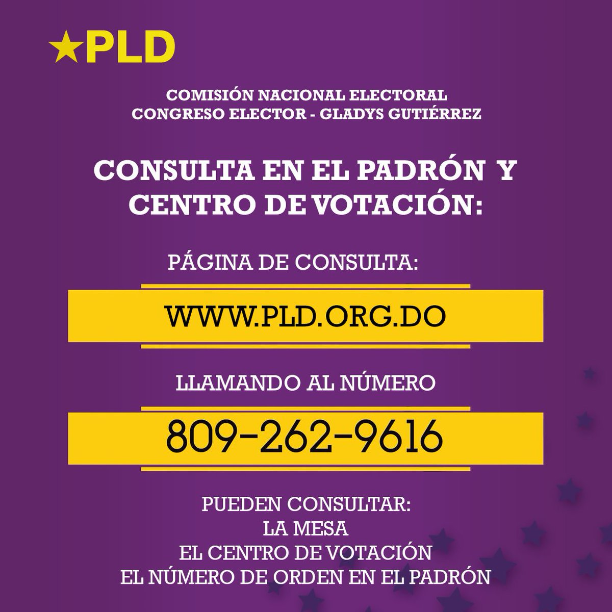 PLDenlinea's tweet photo. ¿Sábes dónde votar?
Consulta en el padrón y centro de votación.

Página: https://t.co/ax8585yC3m
Tel: 809-262-9616 https://t.co/nEiF1UjKej