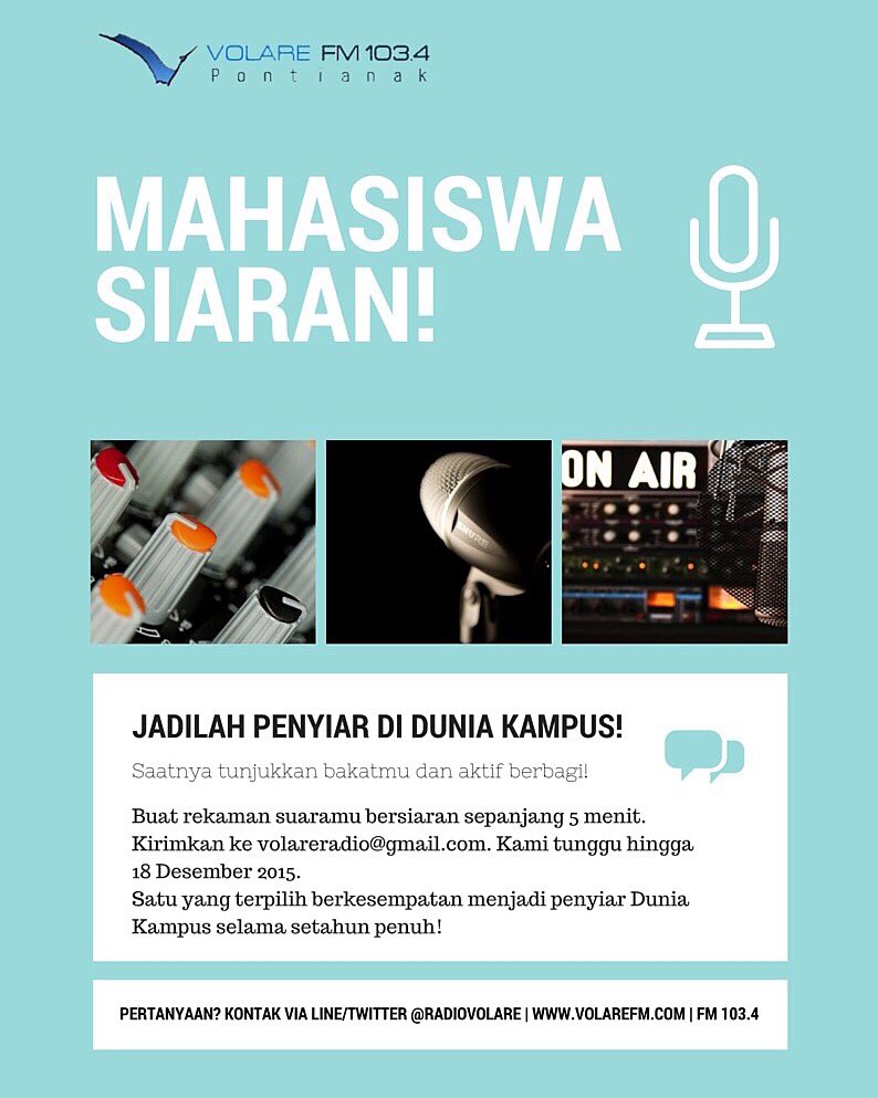 Volare membuka kesempatan untuk mahasiswa yang ingin menjadi penyiar. Caranya cek gambar di bawah! <a href="/HimagrotekUntan/">HIMAGROTEK FP UNTAN</a>