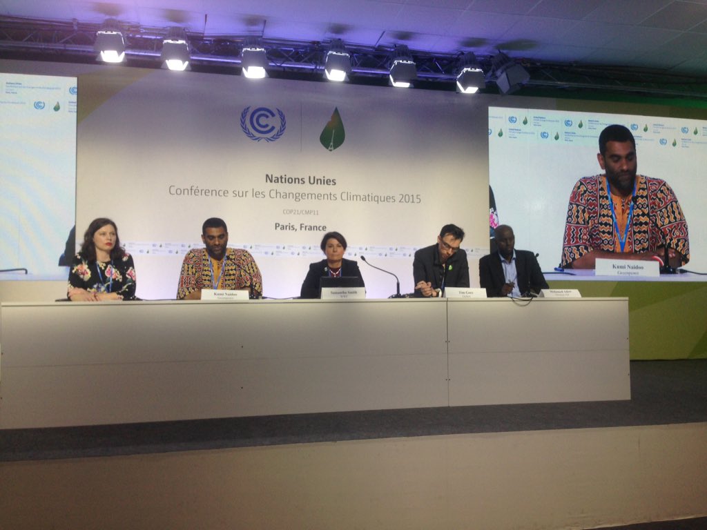CANIntl's tweet photo. Paris Deal puts the fossil fuel industry on the wrong side of history say @kuminaidoo at CAN presser #COP21 https://t.co/V8WoIHxgqO