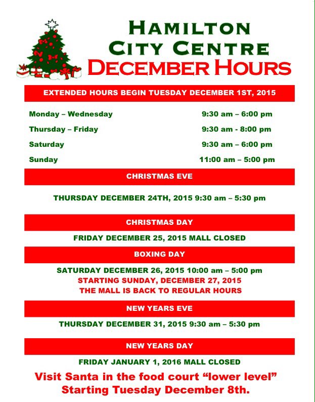#Santa has arrived at the #HamiltonCityCentre! Be sure to visit him between 12:30pm- 2:30pm today. #HamOnt