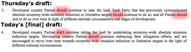 DrSimEvans's tweet photo. “Shall" in Art 4.4 was an error. Replace with “Should”. #COP21 https://t.co/2pbvJM73mr