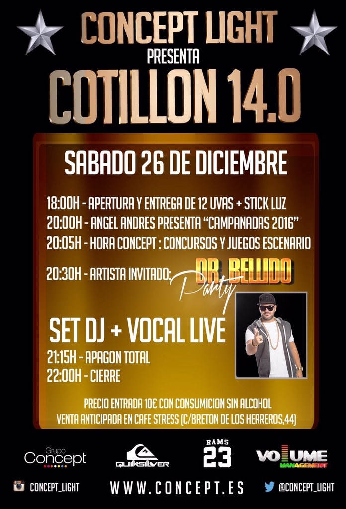 concept_light's tweet photo. SÁBADO 26 Dic. COTILLÓN #Concept14! Actuación en DIRECTO de Dr. Bellido #ConsigueYAtuAnticipada #Concept14 #Petadoon https://t.co/UJMoLdGHHG