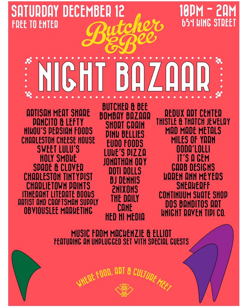 Come see us tonight <a href="/butcherandbee/">Butcher & Bee</a> Night Bazaar! 10pm-2am. Event features 40+ local vendors #BBBazaar #Charleston