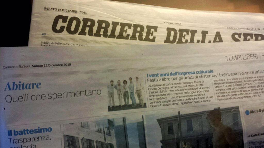 Oggi siamo anche sul @Corriereit. Ci vediamo lunedì in <a href="/CascinaCuccagna/">Cascina Cuccagna</a> per la festa dei nostri vent'anni