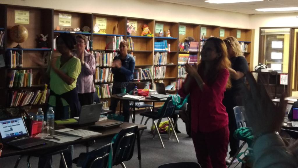 STARS_902's tweet photo. Participants at #coding #aldinecodes learns looping with a simple chant and movement! @AldineISD teachers CODE https://t.co/BhJHBmajKL