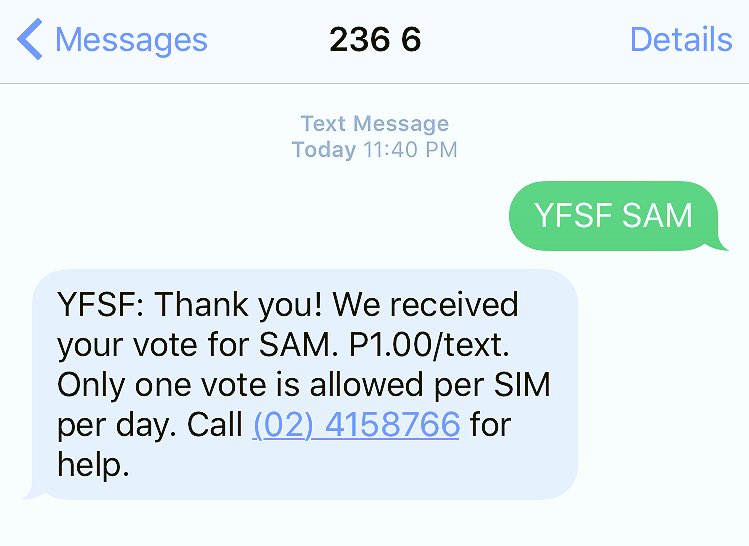 gabpangilinan's tweet photo. VOTE NA! Send "YFSF SAM" to 2366!!! #YFSF2GrandShowdown #YFSFFinal4 #YFSF @sam_concepcion @samstersclan https://t.co/sZSjGGutbZ