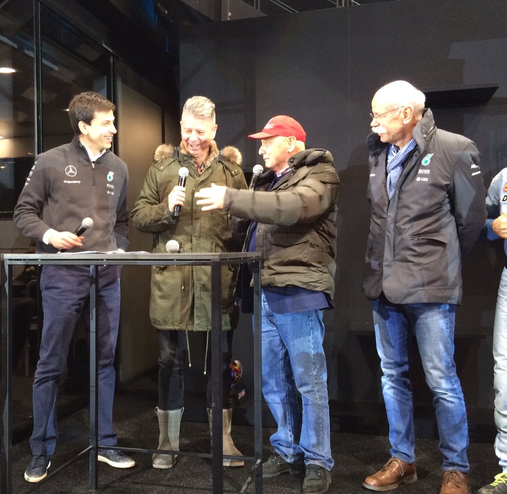 MercedesAMGF1's tweet photo. Did they enjoy that? We think so! And it's victory for Toto!! #StarsAndCars #F1 https://t.co/8wJNHUkVQh