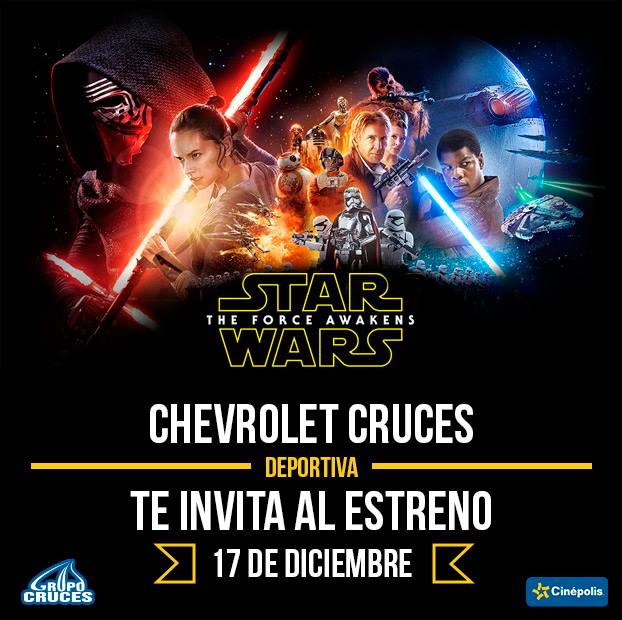 ChevroletTab's tweet photo. Vistanos y nosotros te invitamos al estreno de #StarWarsForceAwakens 
Te estamos esperando #Villahermosa #Tabasco https://t.co/V114zIMhJJ