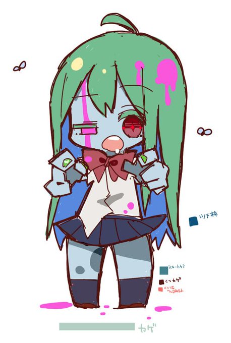 ラインスタンプ製作中～
女子高生ゾンビちゃん(仮) キャラ設定画です。
ハエ君は ご意見によってボツになりました☆ 