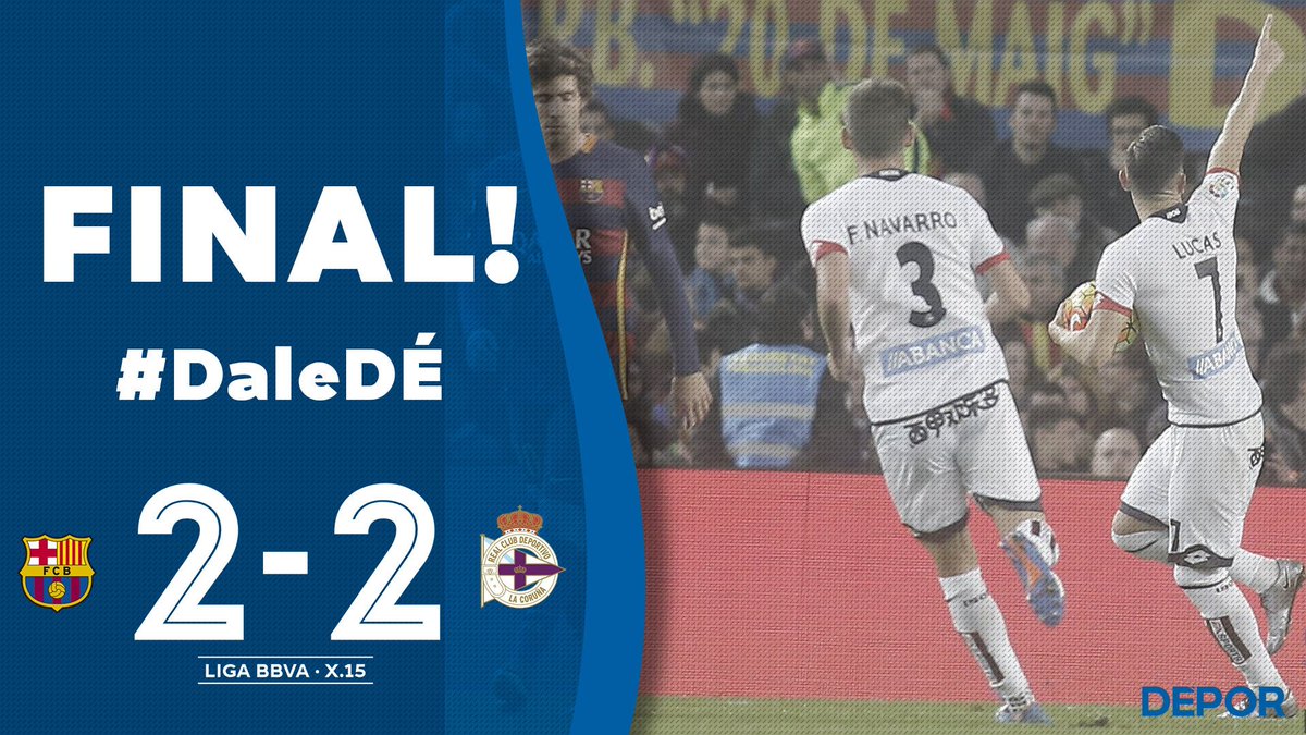 RCDeportivo's tweet photo. ¡Final! Gran partido d #OsNosos en el Camp Nou! +1 para el objetivo! @FCBarcelona 2-2 #DÉPOR. #DaleDÉ! https://t.co/RBPg350imu