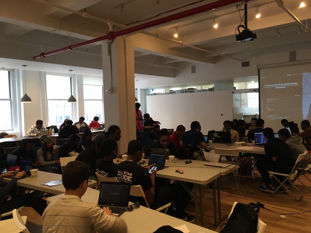 bradonfirst's tweet image. Crushing code with @AllStarCode hackathon in NYC! Amazingly talented young men and women #entrepreneurs #code4all