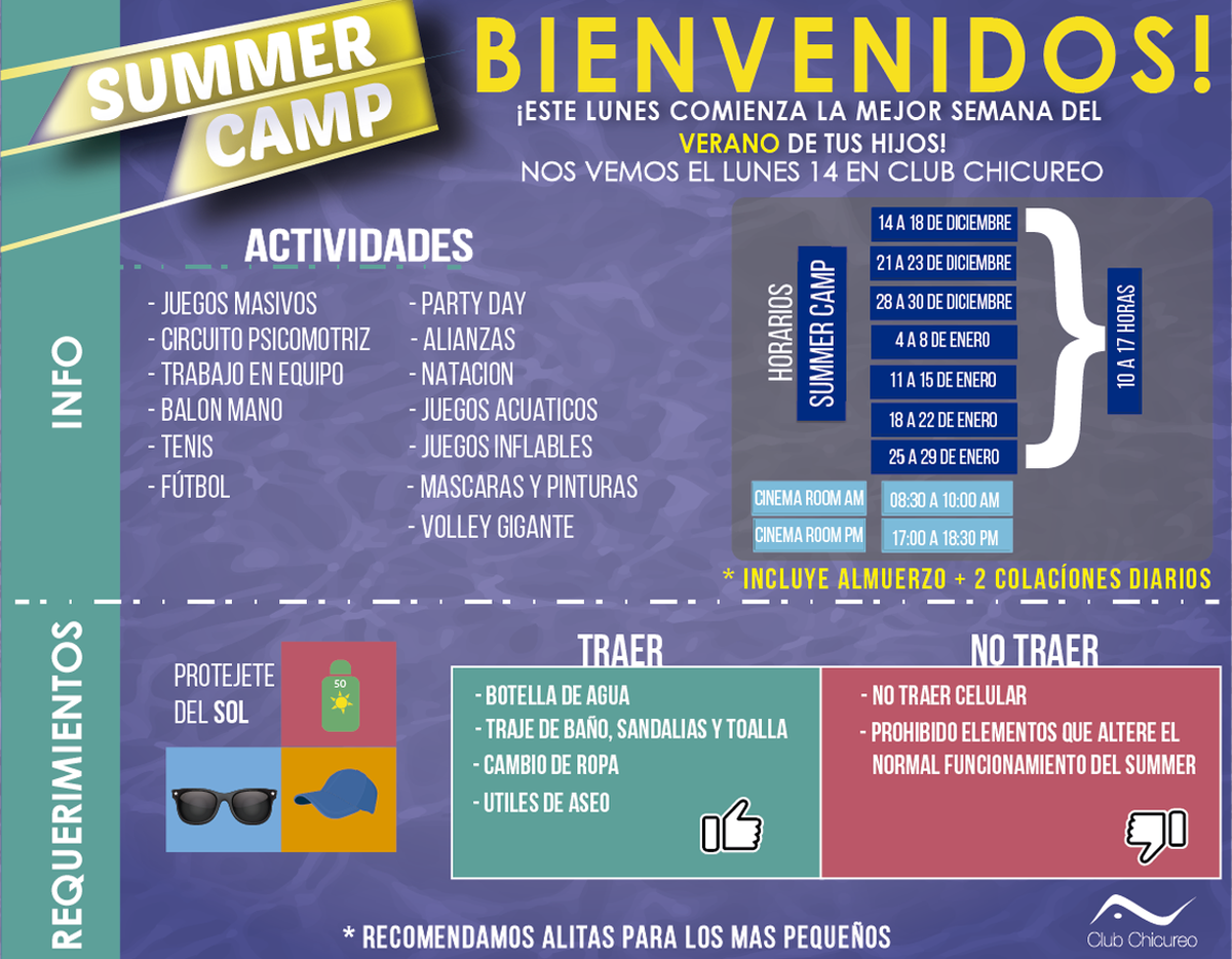 Club_Chicureo's tweet photo. Ya Estamos a pocos días para comenzar nuestro #SummerCamp Te enviamos la información para que vengas preparado!!! https://t.co/QSaVgLdO0t