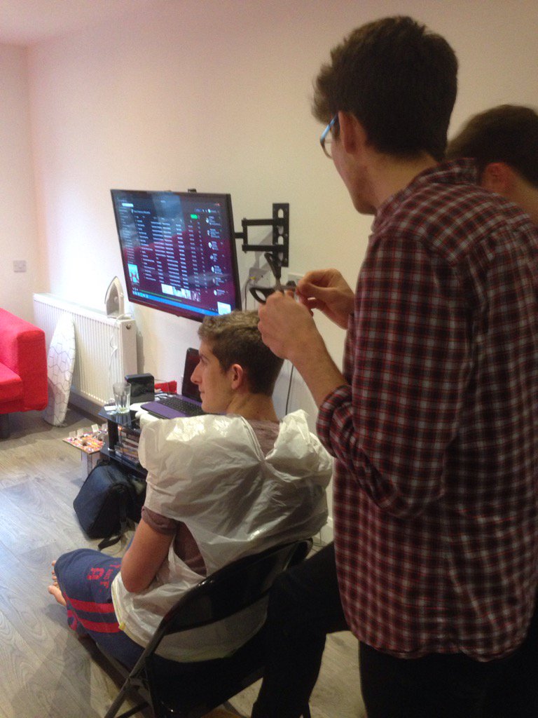 SeptimusSlater's tweet photo. The #verytrusting @joelwills submits to a trim. @aled_salad why are you holding the blades? #stillhandsome https://t.co/F8Kl7Foe9J