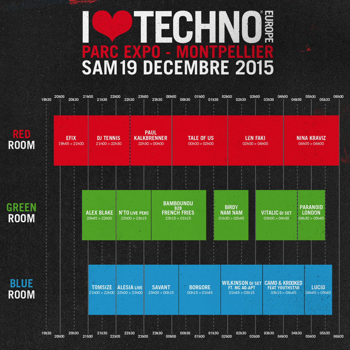 ❤️ TIMETABLE ❤️
#RedRoom #GreenRoom #BlueRoom #ILT2015 #ILoveTechno <a href="/iltfestival/">I ♥ TECHNO</a>