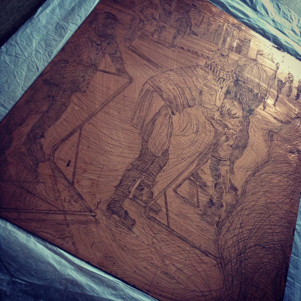 BusherJohn's tweet image. Plates in Progress: #printmaking #etching #hardground #ferriccloride #line #texture #space