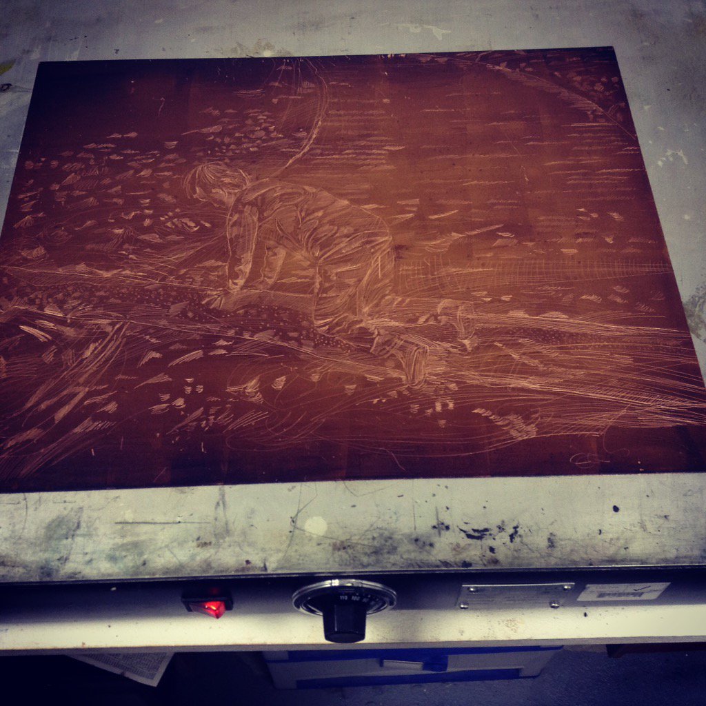 BusherJohn's tweet image. Plates in Progress: #printmaking #etching #hardground #ferriccloride #line #texture #space